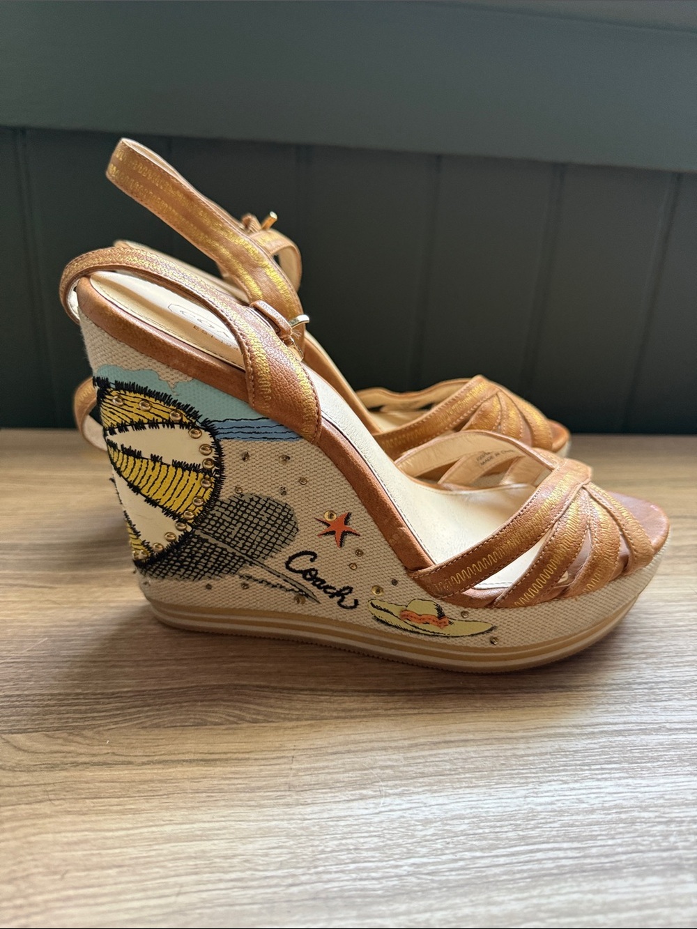 Coach Metallic Tan and Canvas Beach-Print Wedge Sandals